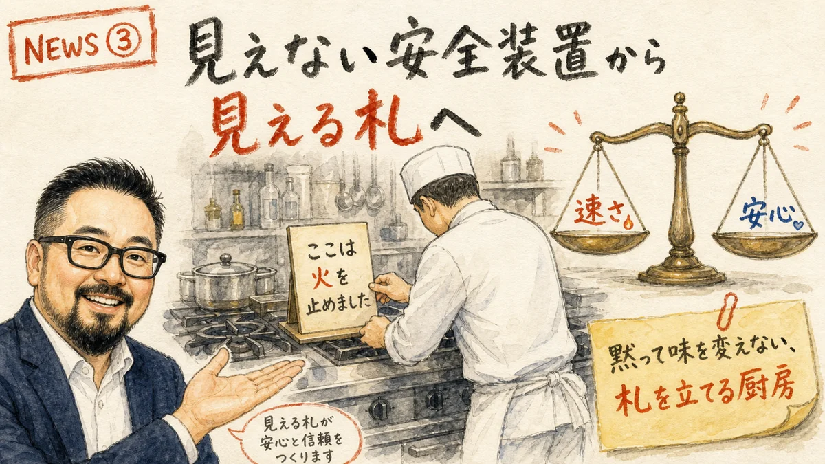 厨房に立てられた「ここは火を止めました」の札と天秤のグラレコ図解