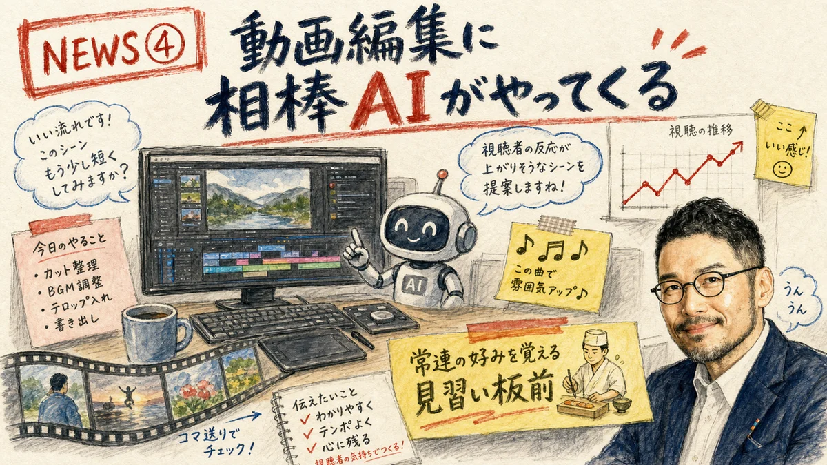 動画編集の作業机と相棒AIのグラレコ図解