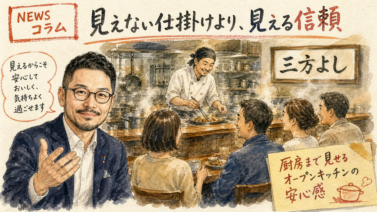 オープンキッチンと三方よしの額のグラレコ図解