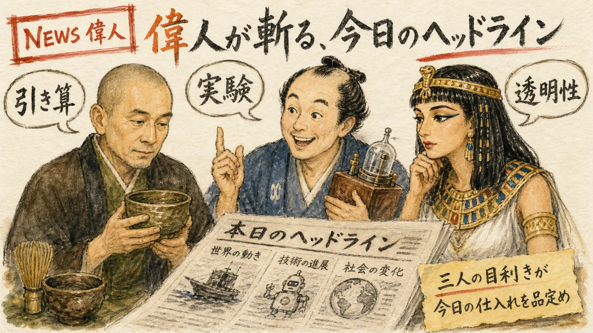千利休・平賀源内・クレオパトラが今日の話題を議論するグラレコ図解