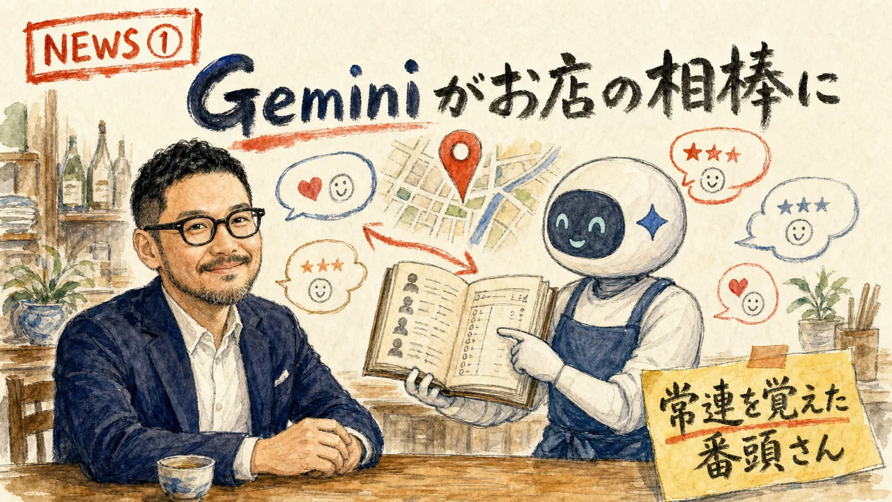 Geminiがお店の常連台帳を見ながら店主の相棒になるグラレコ図解