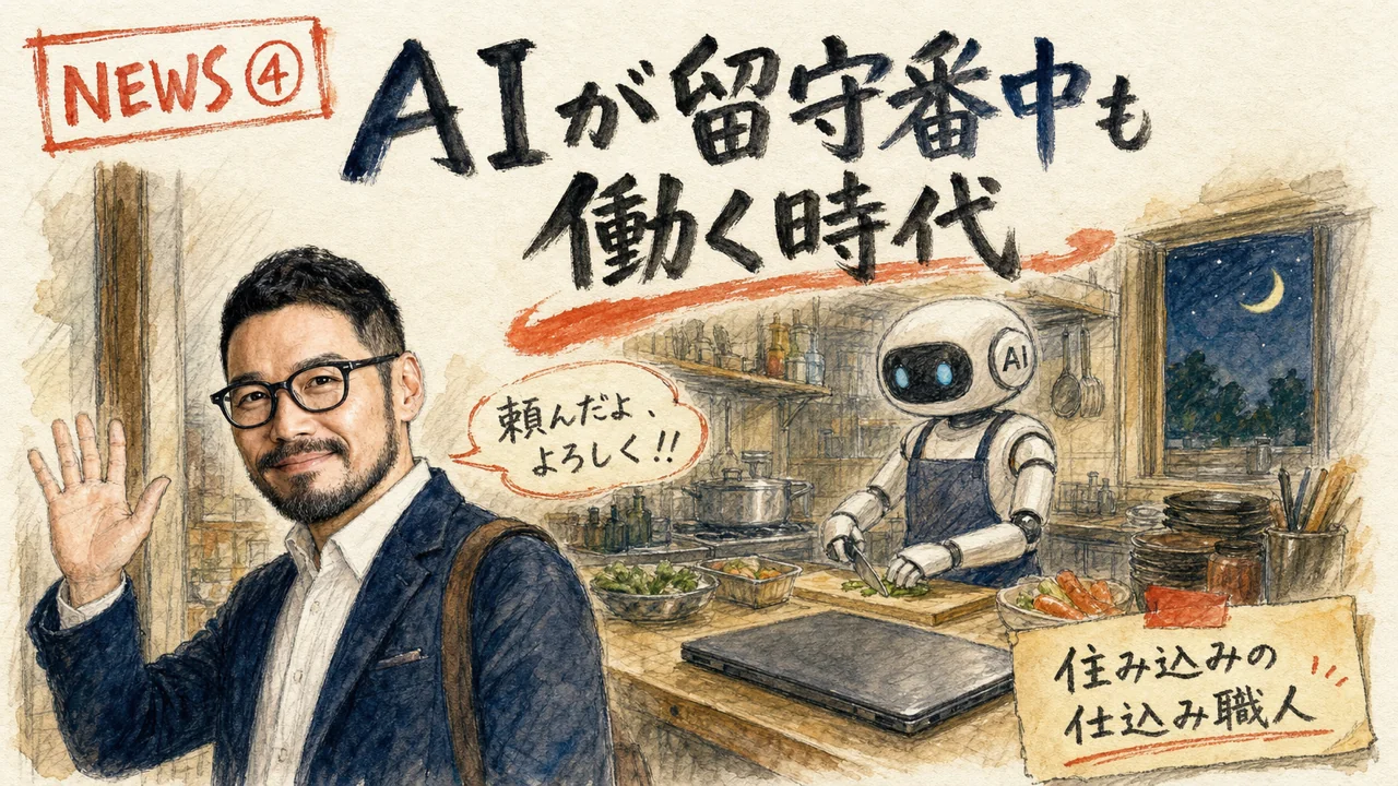 店主が帰った後も厨房でAIが仕込みを続けるグラレコ図解