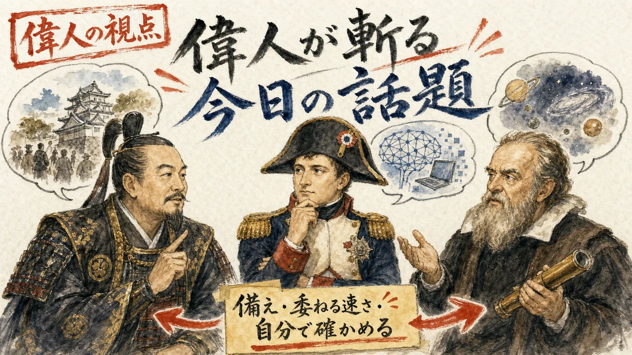徳川家康・ナポレオン・ガリレオが今日の話題を議論するグラレコ図解
