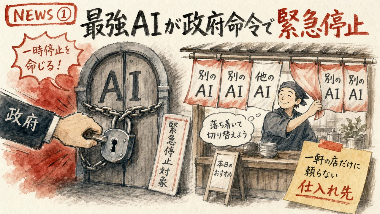 政府の手がAIの扉を閉じ、店主が複数のAI看板に切り替えるグラレコ図解