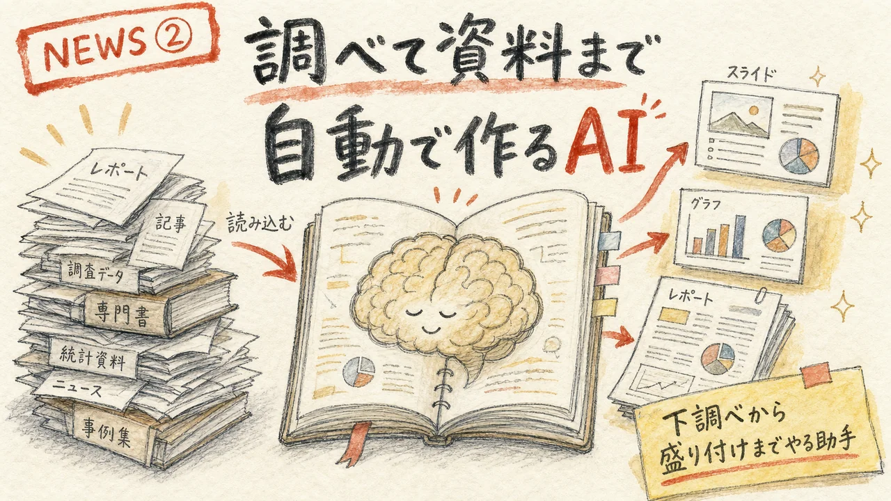 ノート型の頭脳が資料を読み込みグラフ・スライド・レポートを生み出すグラレコ図解