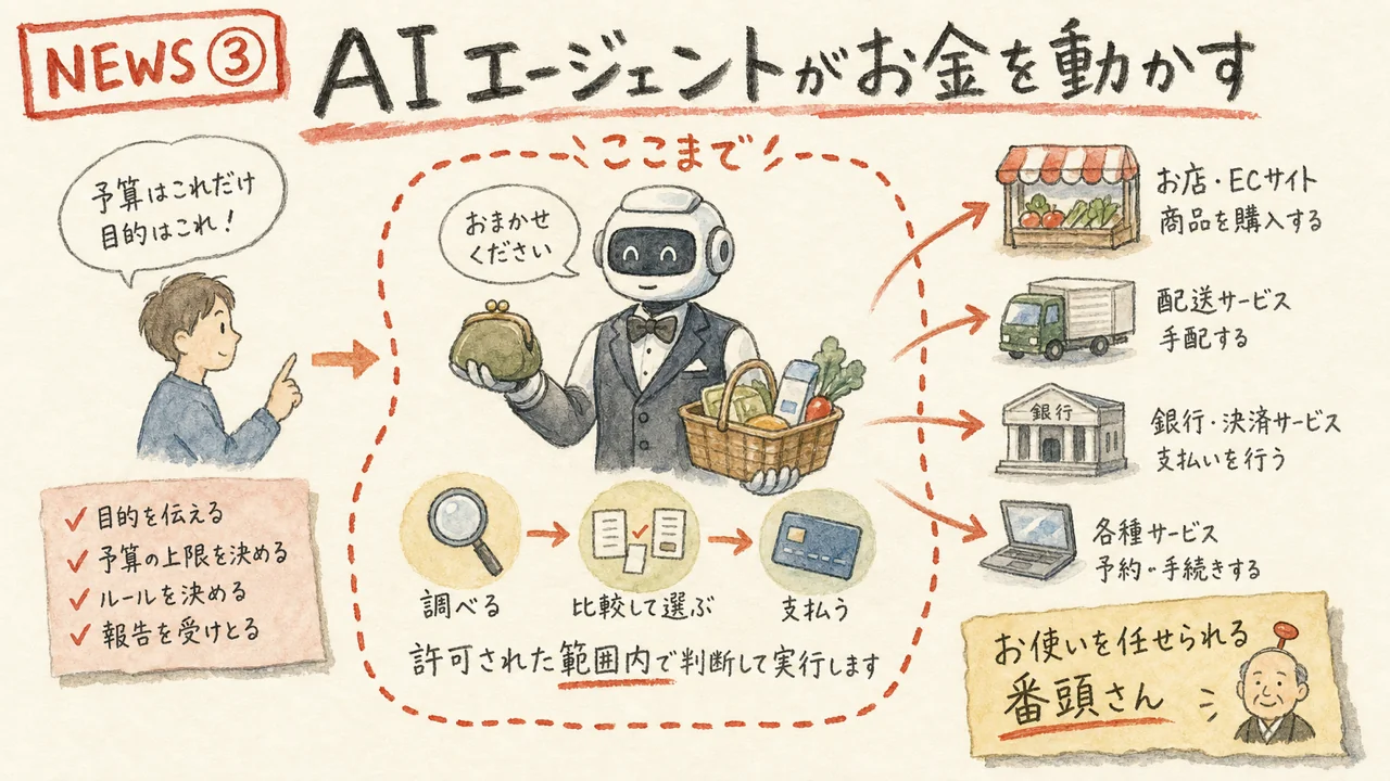 ロボット執事が許可枠の中で取引や支払いを代行するグラレコ図解