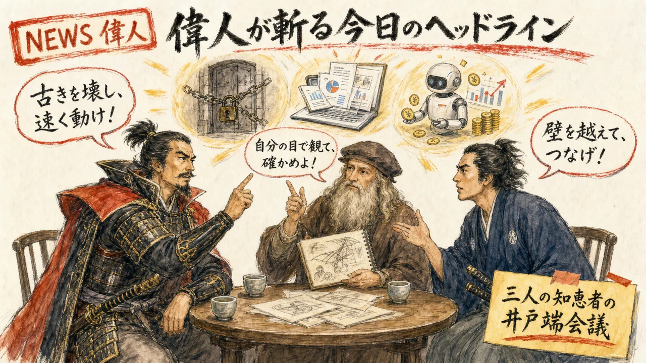 織田信長・レオナルド・ダ・ヴィンチ・坂本龍馬が今日の話題を語り合うグラレコ図解