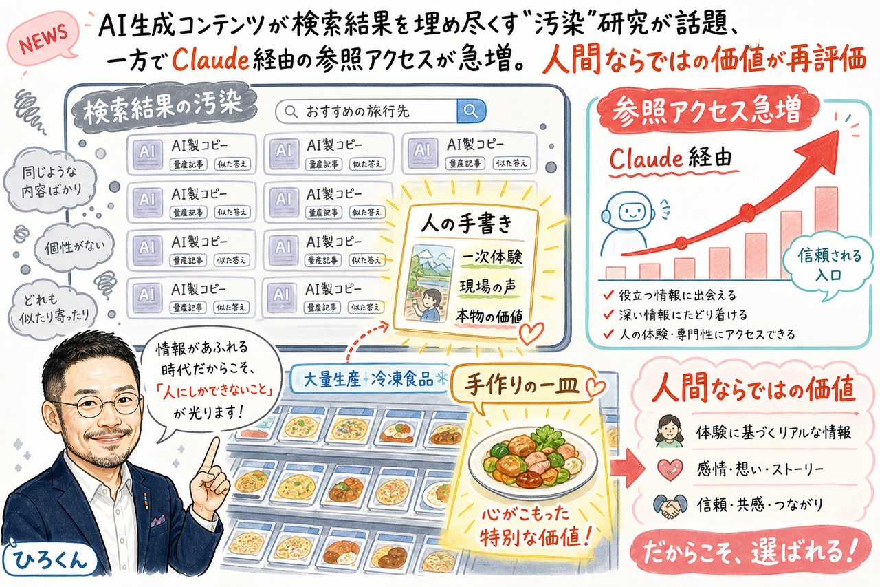 AI生成コンテンツが検索結果を埋め尽くす汚染とClaude経由の参照アクセス急増を示す図解