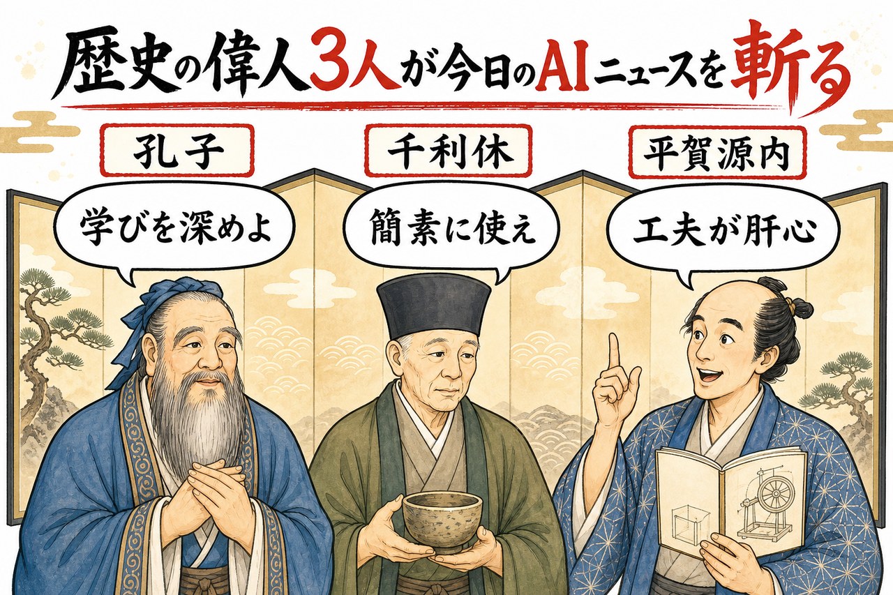 孔子・千利休・平賀源内の3偉人が今日のAIニュースを論じる図解