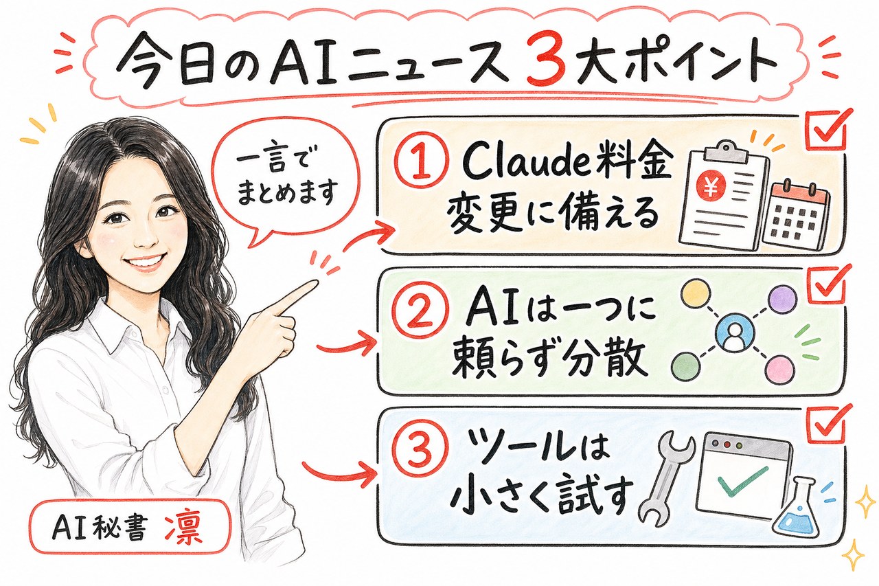 AI秘書の凛が今日のニュースの3大ポイントをまとめる図解