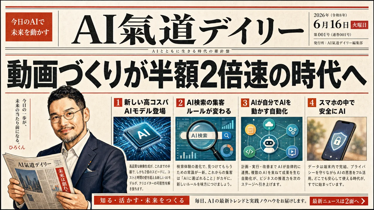 動画生成が半額2倍速 新モデルとAI検索ルールの新聞風図