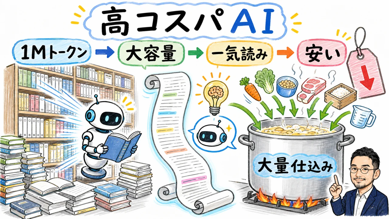 GLM-5.2が大量の資料を一度に読み込む高コスパAIモデルの図解