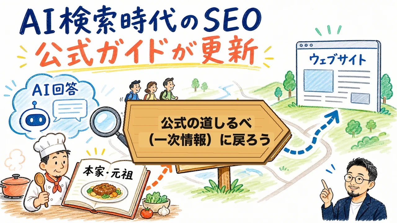 AI検索時代のSEO/AEO/GEOでGoogle公式ドキュメントを一次情報に戻る図解