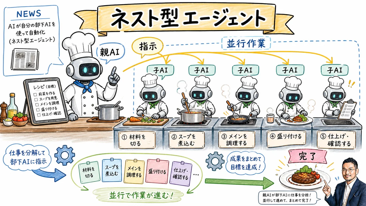 Claude Codeのネスト型サブエージェントで親AIが子AIに作業を分担する図解