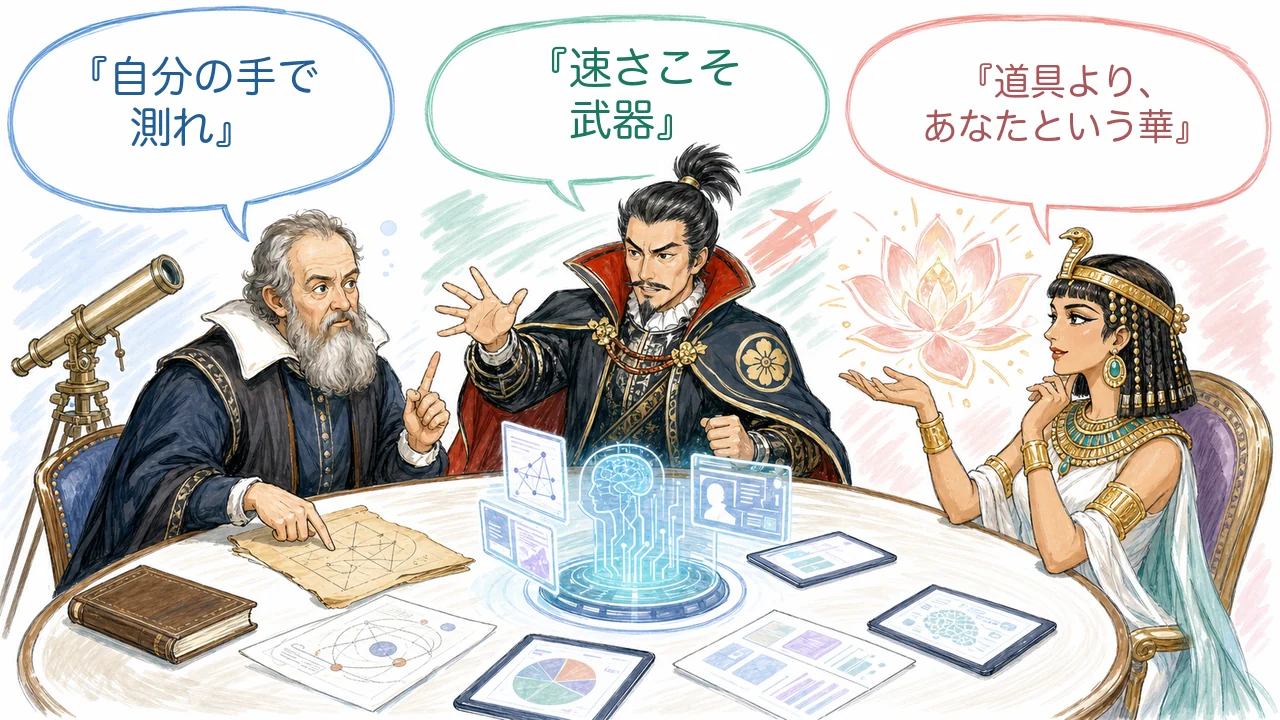 ガリレオ・織田信長・クレオパトラの3偉人が今日のAIの話題を論じる図解