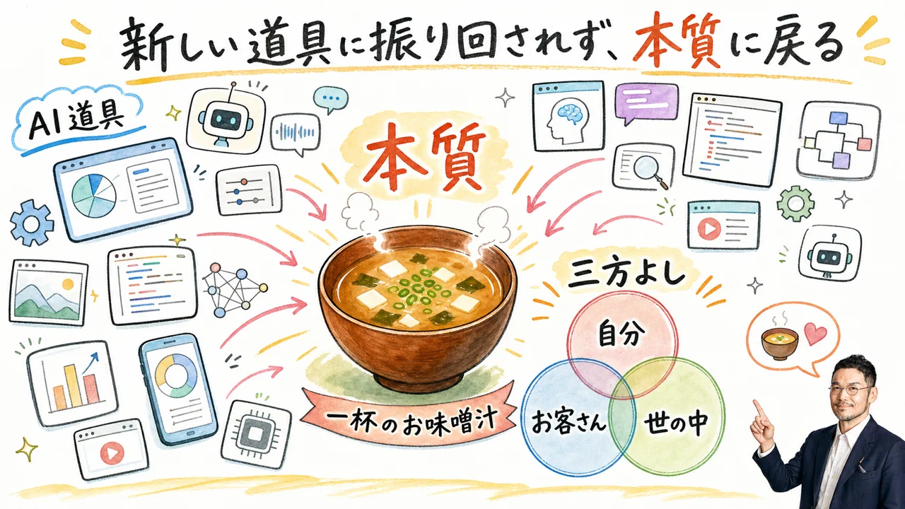 ひろくんコラム:新しい道具に振り回されず三方よしの本質に戻る図解