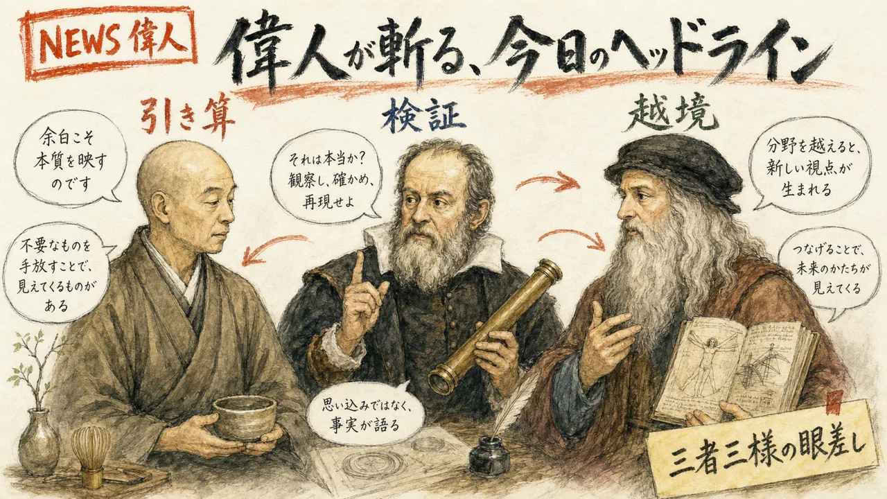 千利休・ガリレオ・レオナルド ダ ヴィンチが今日のAIヘッドラインを論じる図解