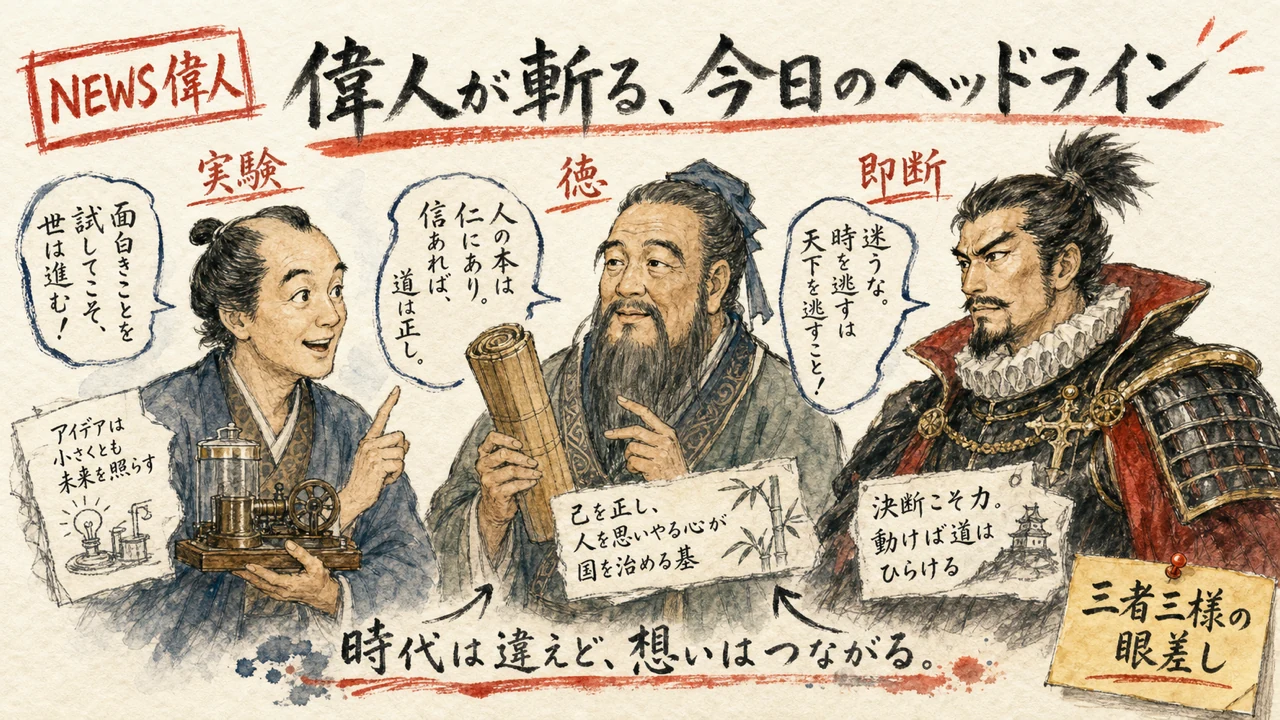 平賀源内・孔子・織田信長が今日のAIヘッドラインを論じる図解