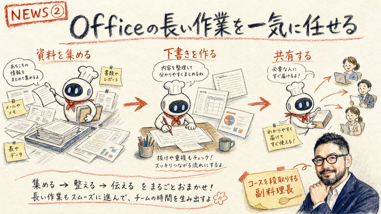 Microsoft Copilot Coworkが一般提供開始しOffice業務をAIエージェントに任せられるニュースの図解