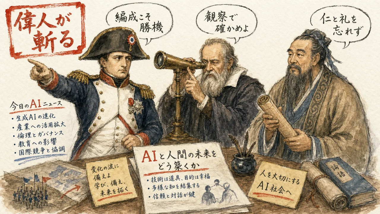 ナポレオン・ガリレオ・孔子が今日のAIヘッドラインを論じる図解