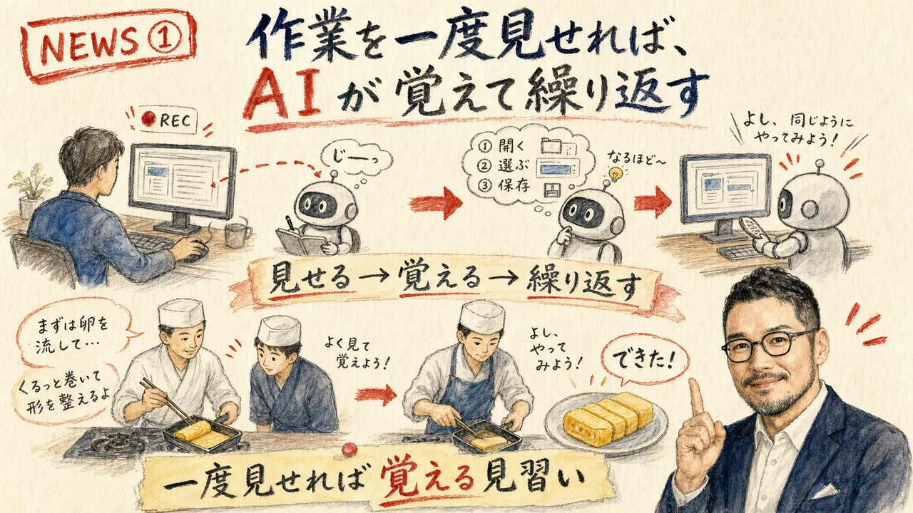 OpenAI CodexのRecord and Replayで作業を一度見せるとAIが手順を覚えて繰り返せるニュースの図解