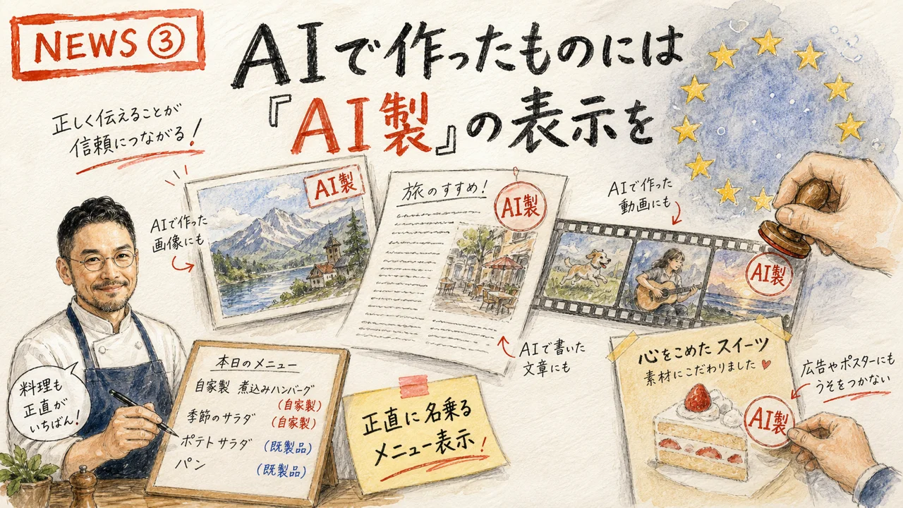 EUがAI生成コンテンツに表示義務を課し広告やマーケティング素材も対象になるニュースの図解