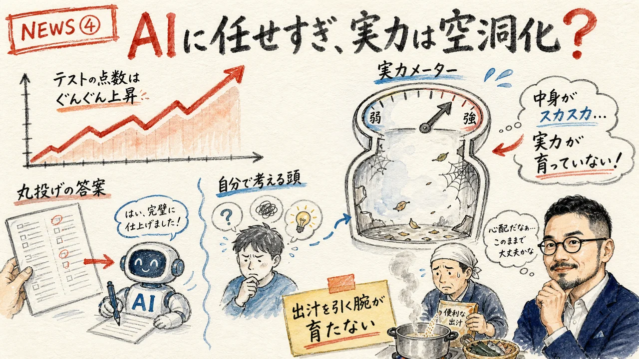 AIに任せすぎると成績は上がっても実力が空洞化するという研究が再注目されたニュースの図解