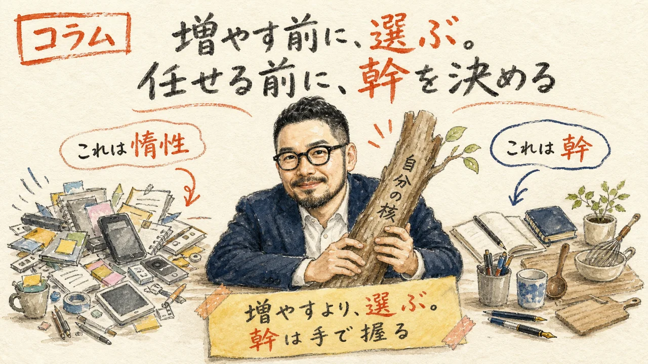 ひろくんが道具が増えた時代に何を選び何を残すかを語るコラム図解