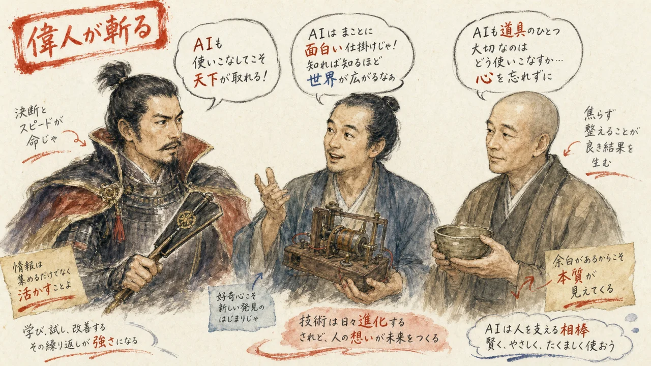 織田信長・平賀源内・千利休が今日のAIヘッドラインを論じる図解