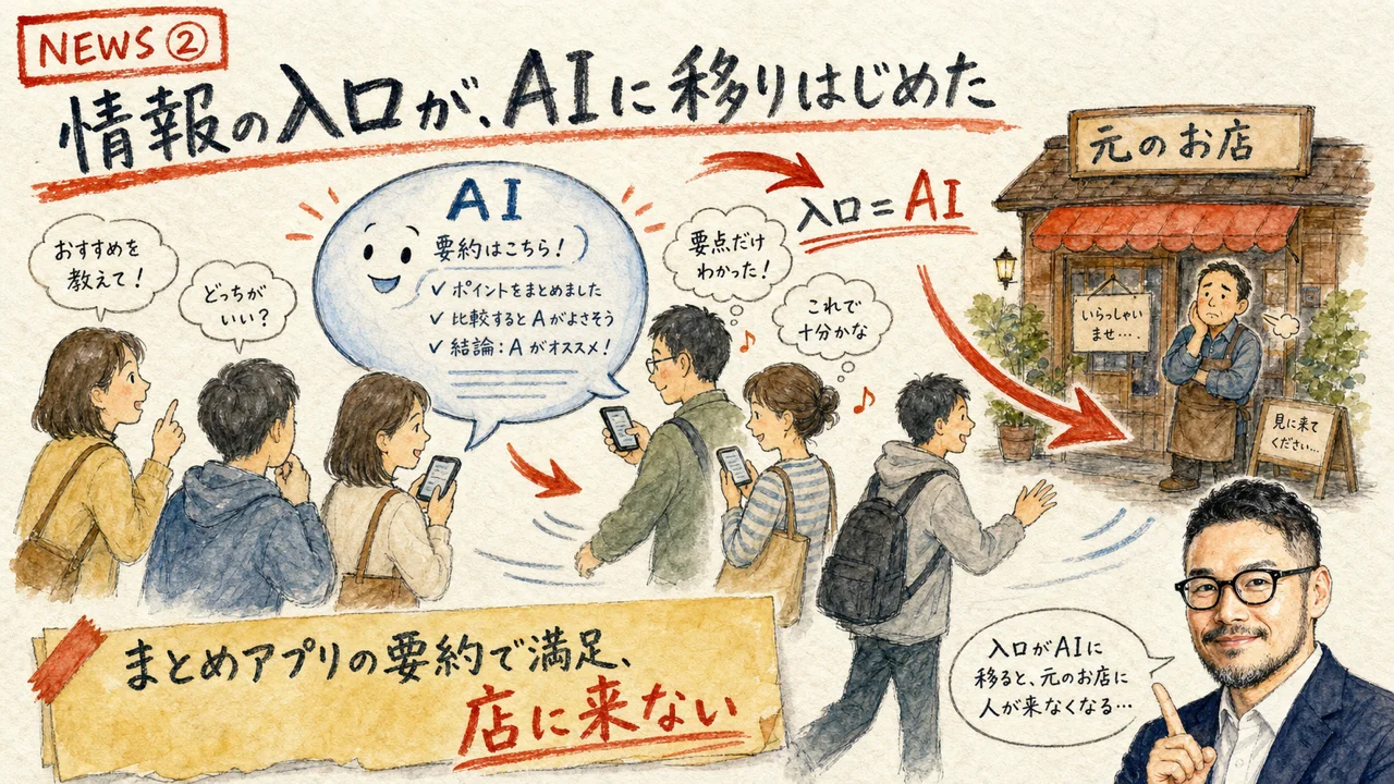 ロイター研究所の調査でAIチャットボットがニュースの入口になり元記事へのクリックが減っているニュースの図解