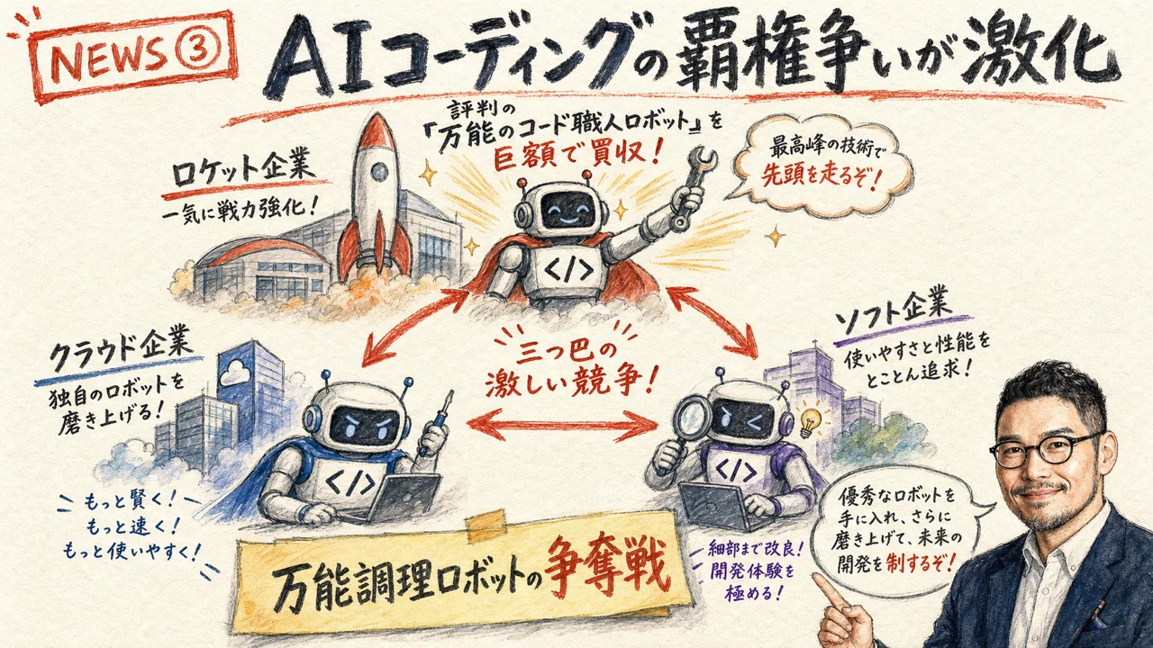 SpaceXがAIコーディングツールCursorを600億ドルで買収しAIコーディング覇権争いが激化するニュースの図解