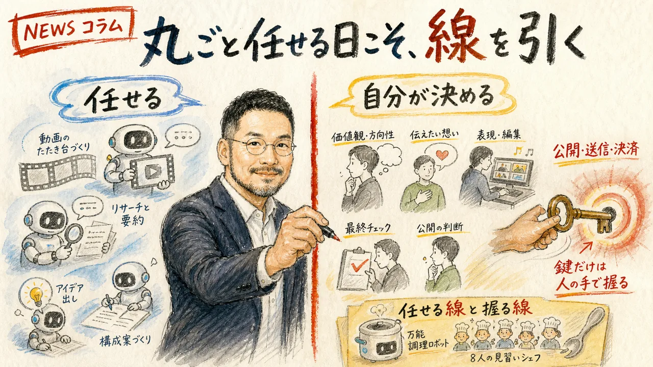 ひろくんがAIに丸ごと任せる時代の任せる線引きを語るコラム図解