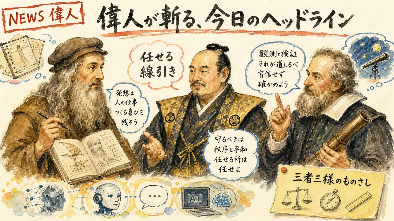 レオナルド・ダ・ヴィンチ・徳川家康・ガリレオが今日のAIヘッドラインを論じる図解