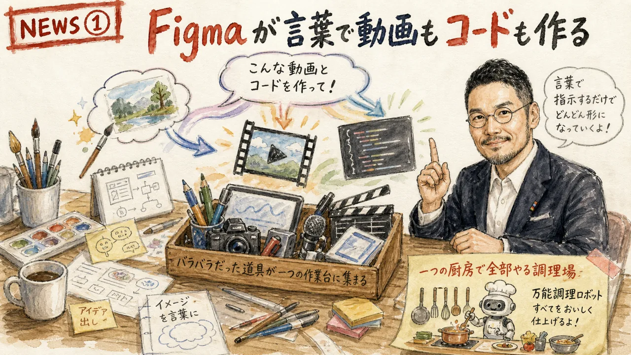 Figma Config 2026でMotion・Weave・Runway動画・code layersが発表されデザインの作業場が一つにまとまったニュースの図解