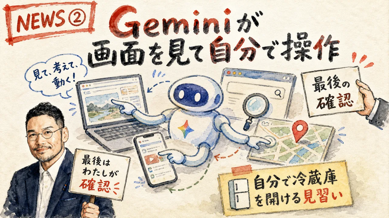 GoogleのGemini 3.5 Flashにパソコン操作Computer Useが標準搭載されAIが画面を見て自分でブラウザ操作するニュースの図解