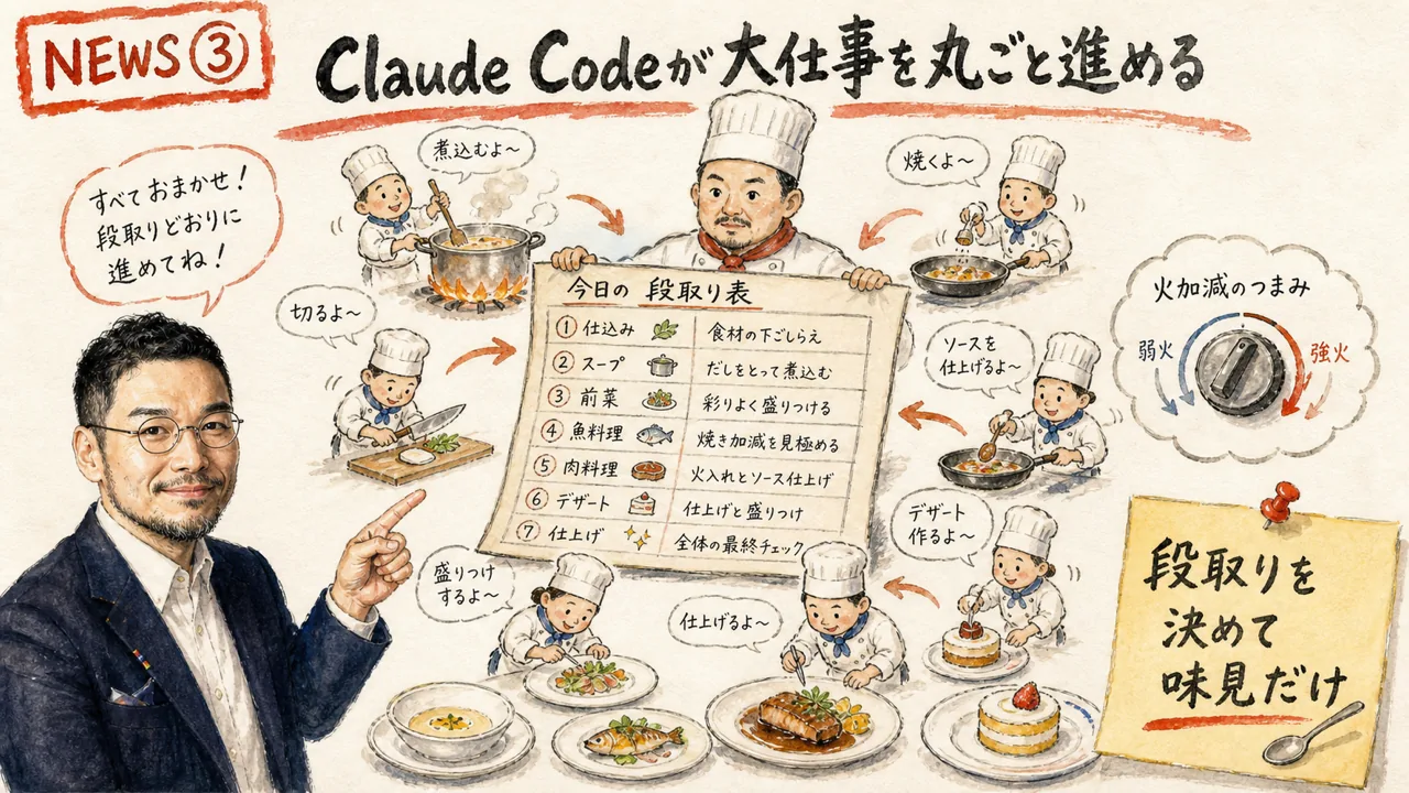 Claude Codeのdynamic workflowsで大きな仕事を計画して丸ごと任せられるようになり頑張り度も調整できるニュースの図解