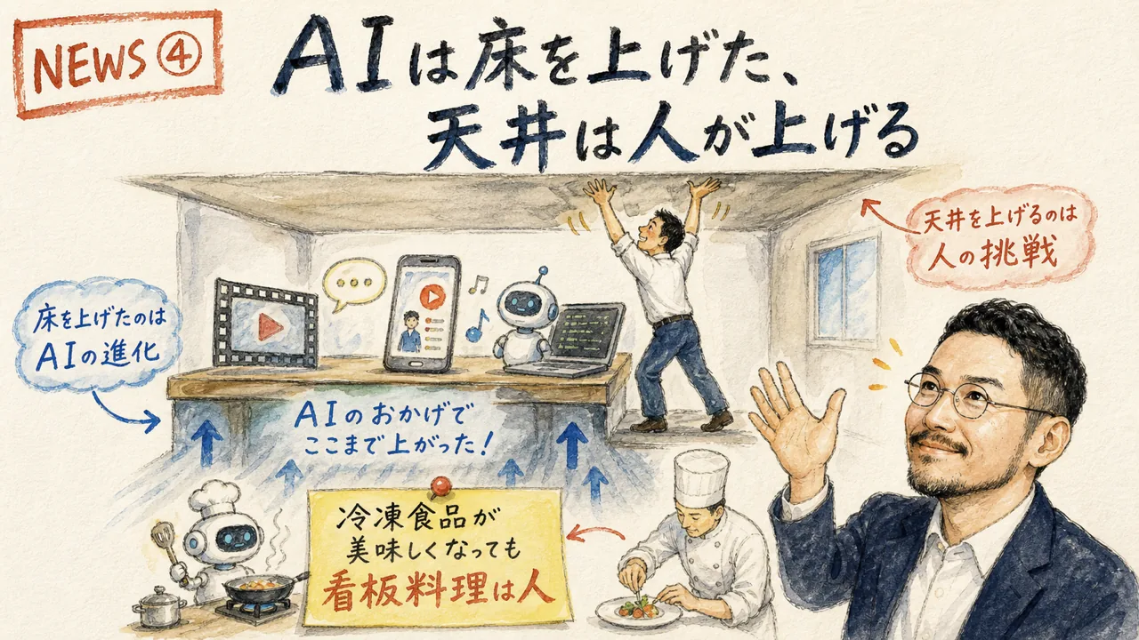 Figmaの2026年AIレポートでAIは底を上げたが天井を上げるのは人だと示されAI時代に人の判断の価値が上がるニュースの図解