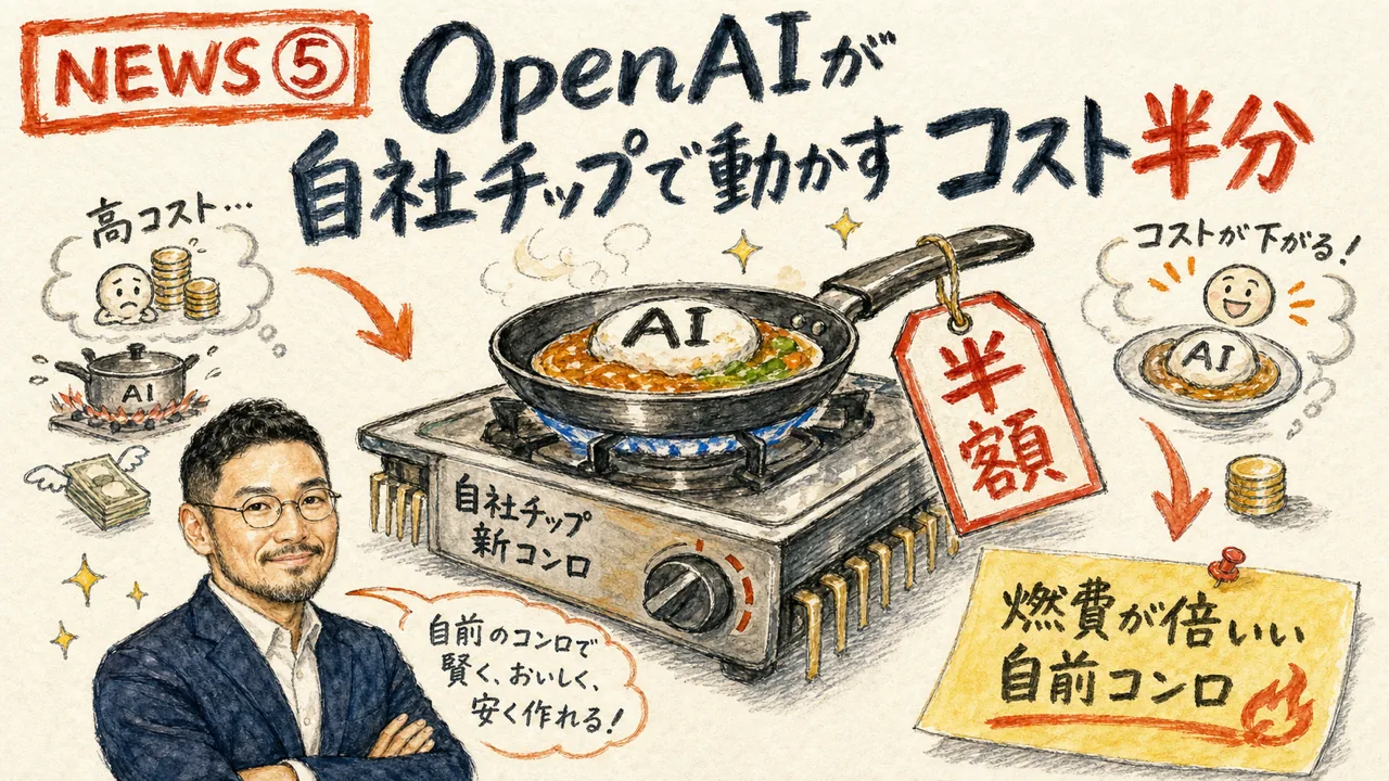 OpenAIがBroadcomと共同で初の自社推論チップJalapenoを発表しAIを動かすコストが半分になるニュースの図解