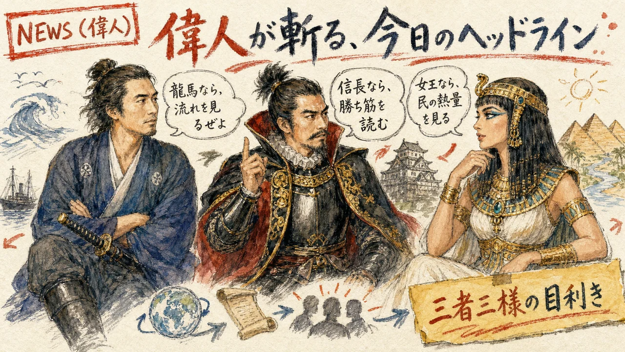 坂本龍馬・織田信長・クレオパトラが今日のヘッドラインを論じるグラレコ