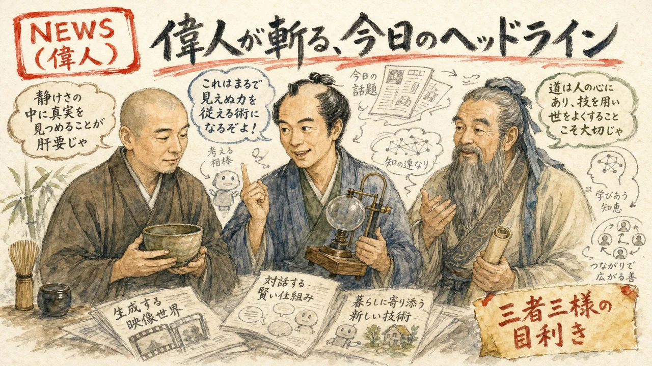 千利休・平賀源内・孔子が今日の話題を論じるグラレコ