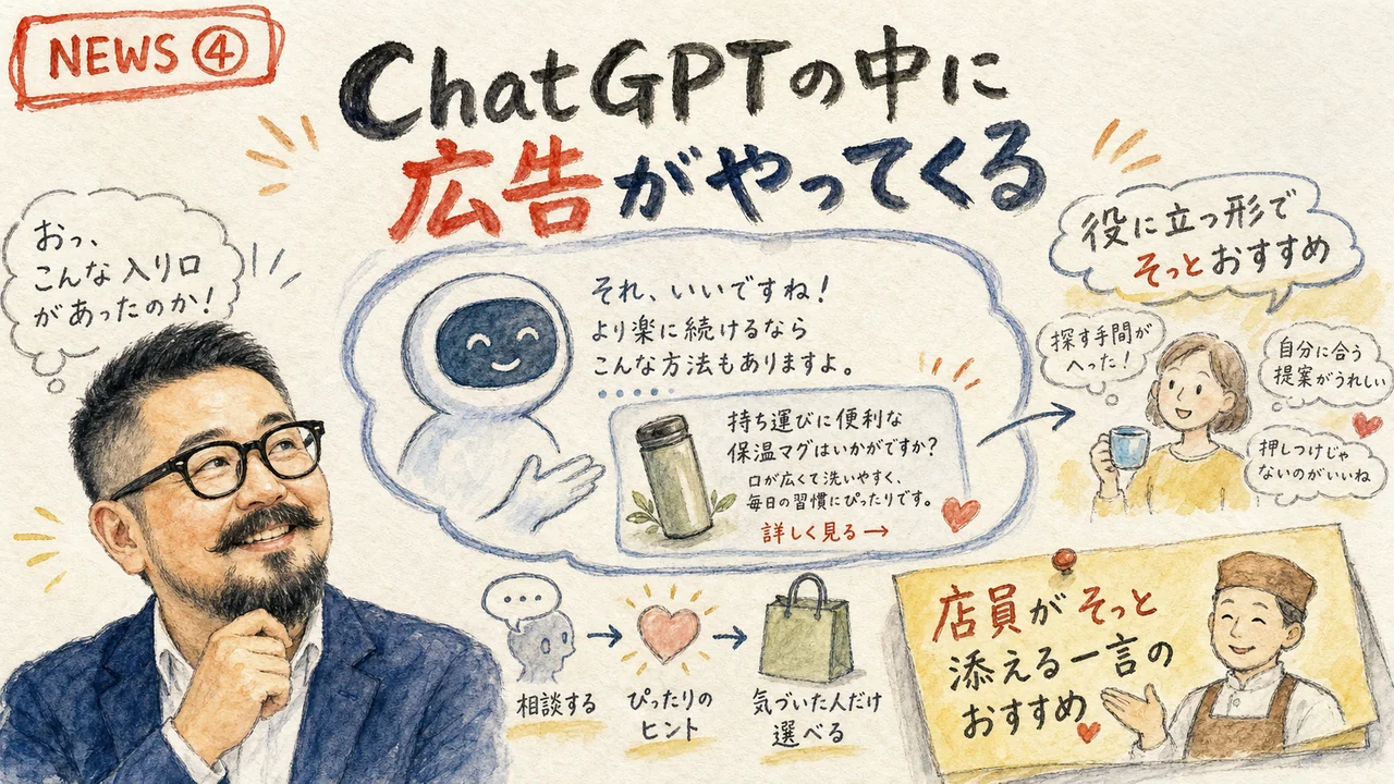 ChatGPT内の広告事業拡大と商業意図クエリの収益化を伝えるグラレコ