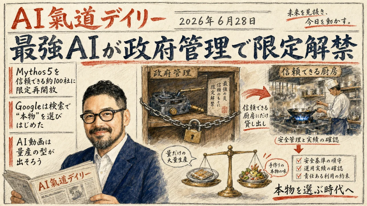 政府管理AIと検索の本物選別を伝える新聞風ニュース図