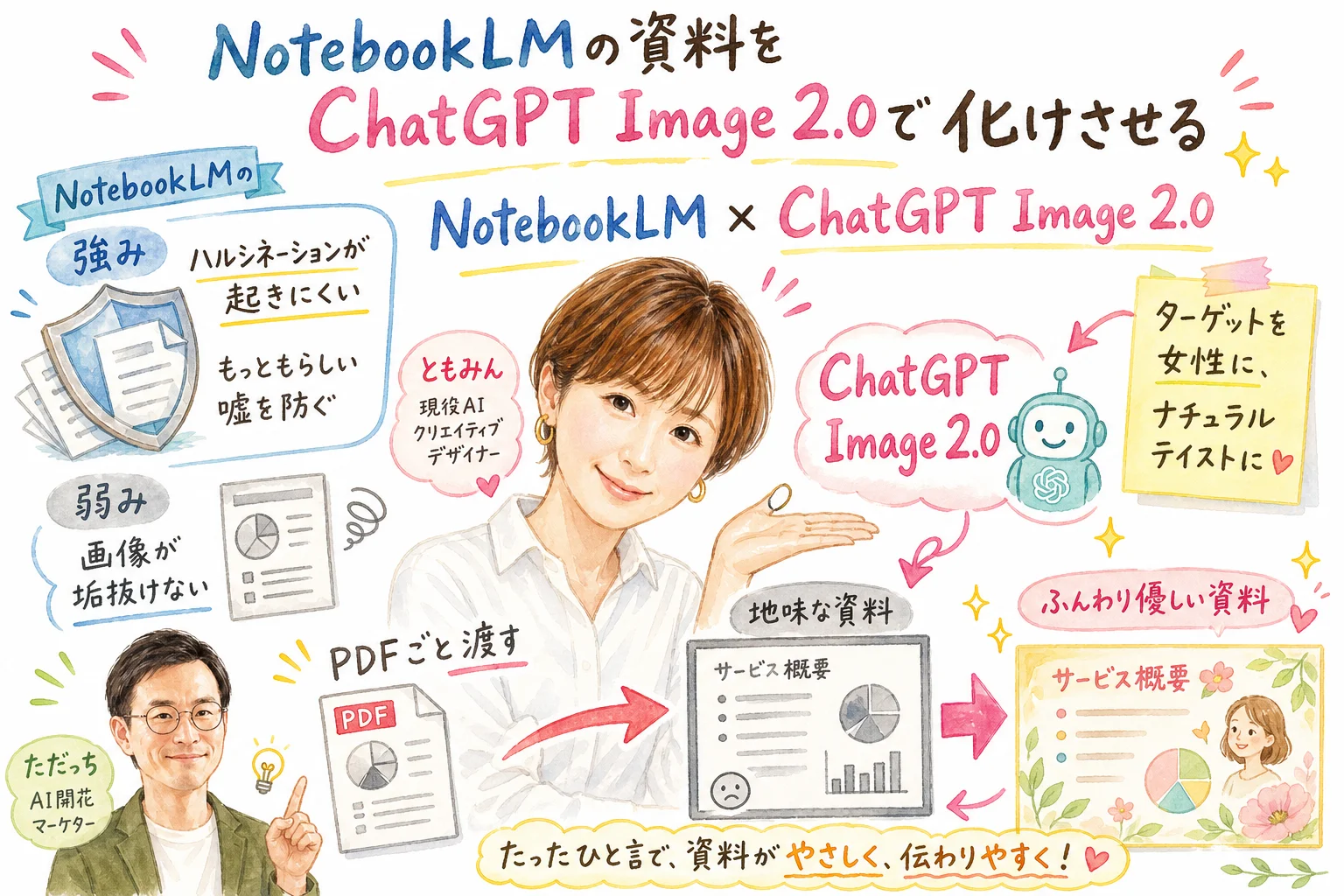 NotebookLMとChatGPT Image 2.0を組み合わせる流れの水彩グラレコ図解