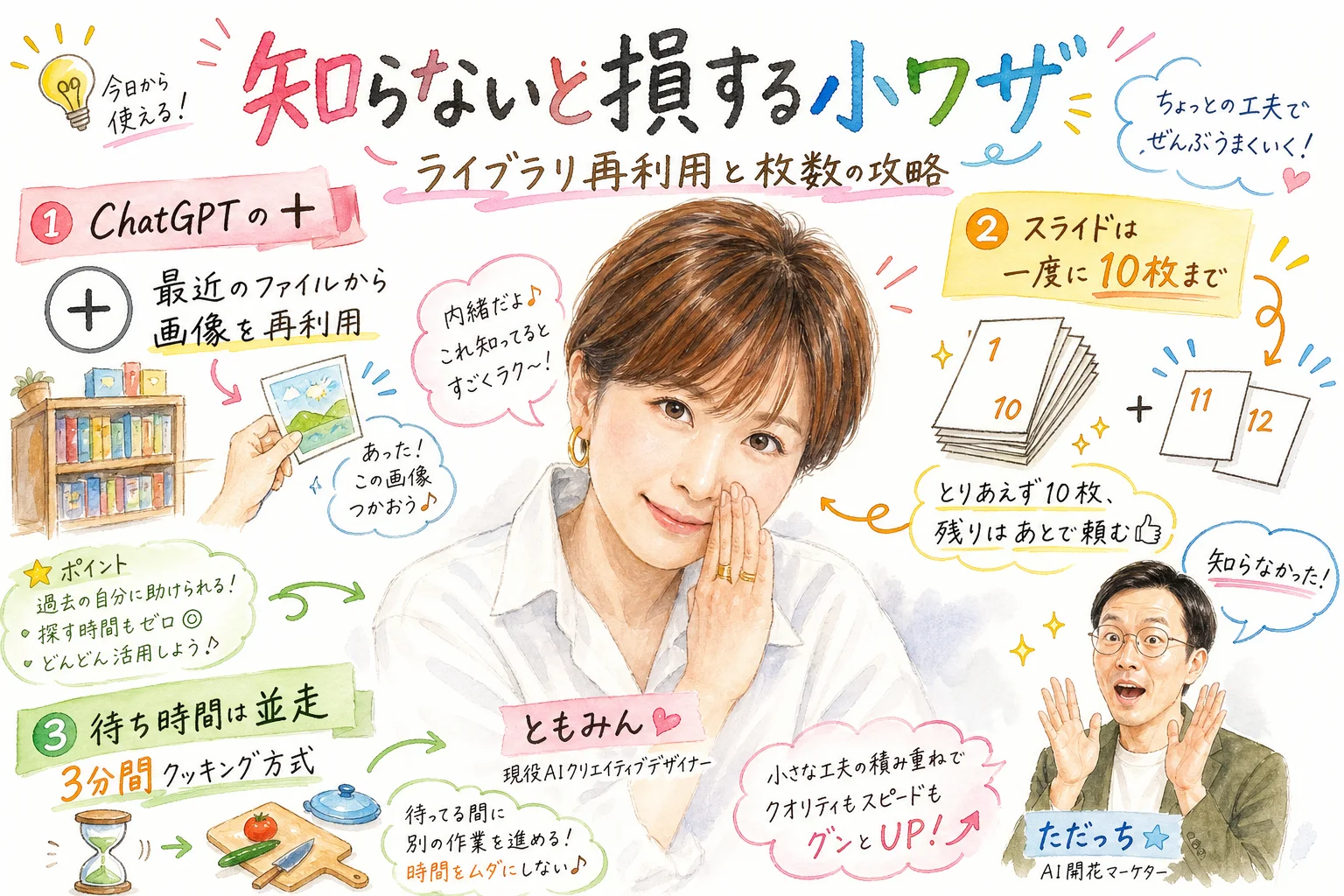 ChatGPTのプラスボタンからライブラリを再利用する小ワザの水彩グラレコ図解