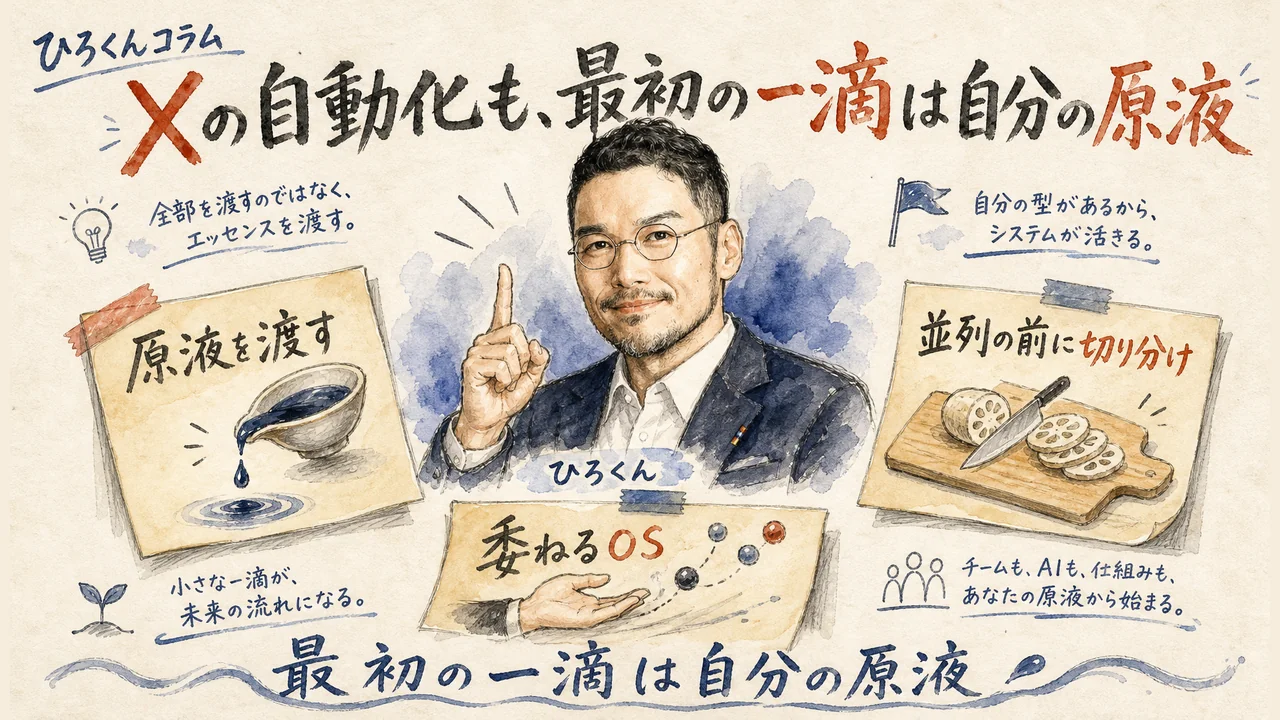 Xの自動化も最初の一滴は自分の原液、ひろくんコラムの図解