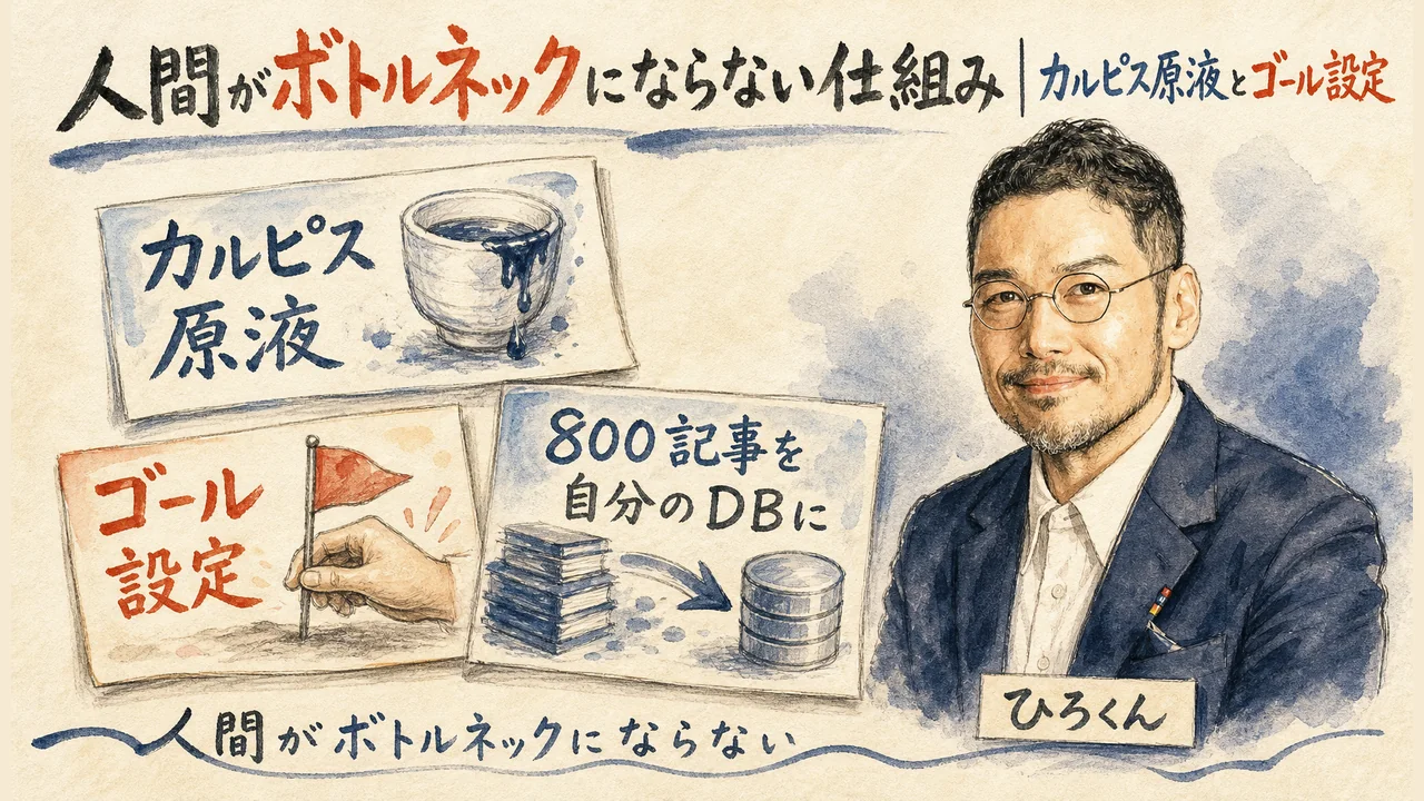 人間がボトルネックにならない仕組み、カルピス原液とゴール設定の図解