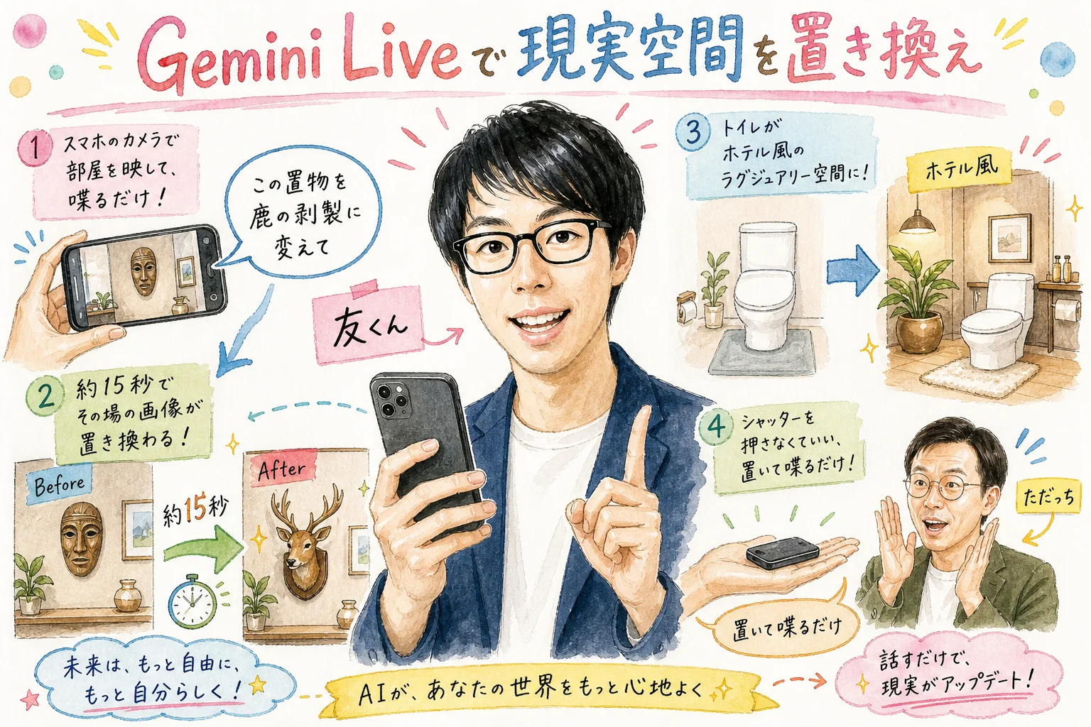 Gemini Liveの空間置き換え機能を解説する水彩グラレコ図解