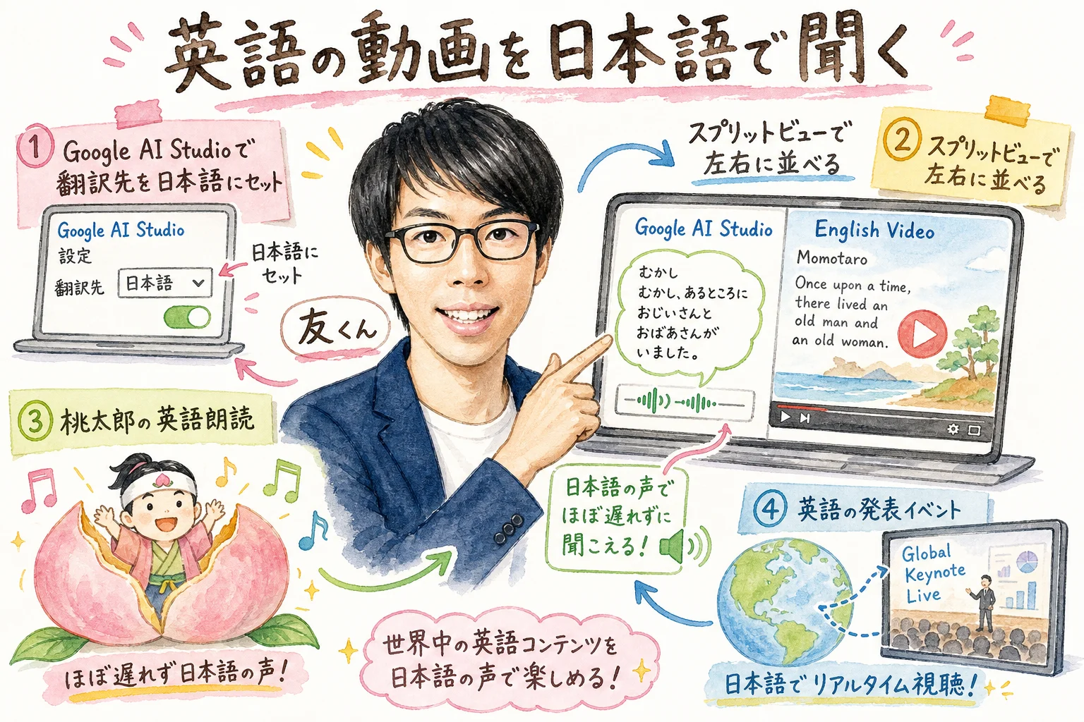 Google AI Studioのスプリットビュー翻訳活用を解説する水彩グラレコ図解