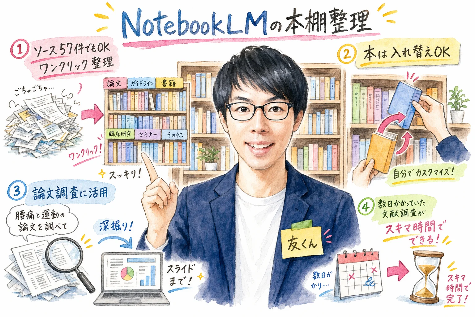 NotebookLMの本棚整理機能を解説する水彩グラレコ図解