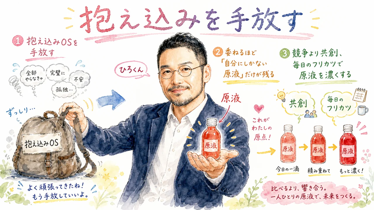 抱え込みを手放すと自分だけの原液が残るイメージを描いたひろくんコラムの図解